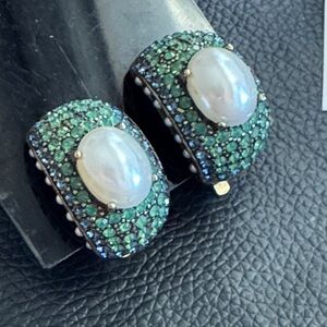Heidi Daus Half Hoop Clip on Earrings w Green & Blue Rhinestones & Faux Pearl